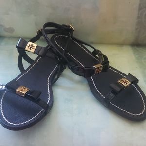 Tory Burch black leather double bow sandals